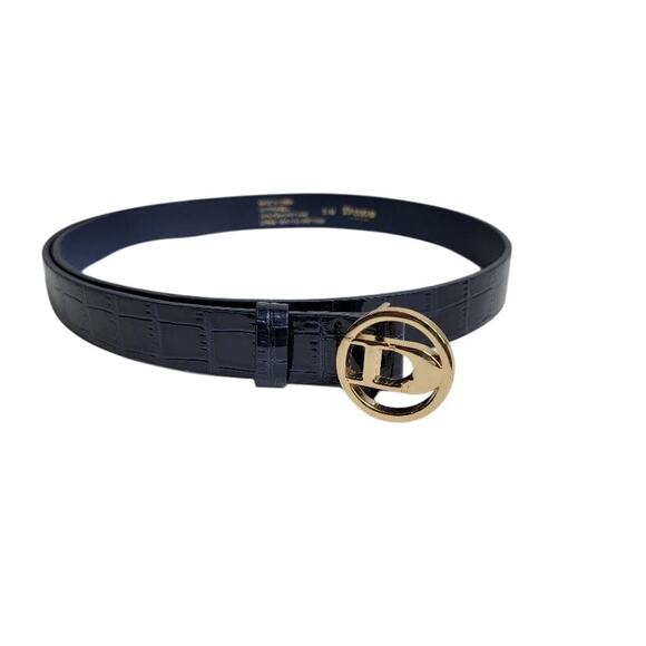 DUNE London Belt Women's Croc Print Belt Navy Blue Sz Small Gold Logo - Picture 3 of 8